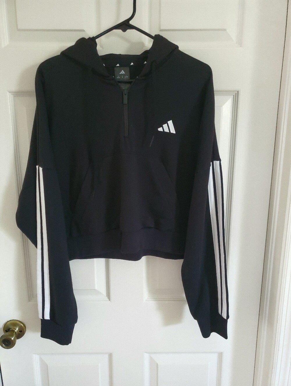 Adidas Black Cropped Hoodie with White Stripe Sleeves
